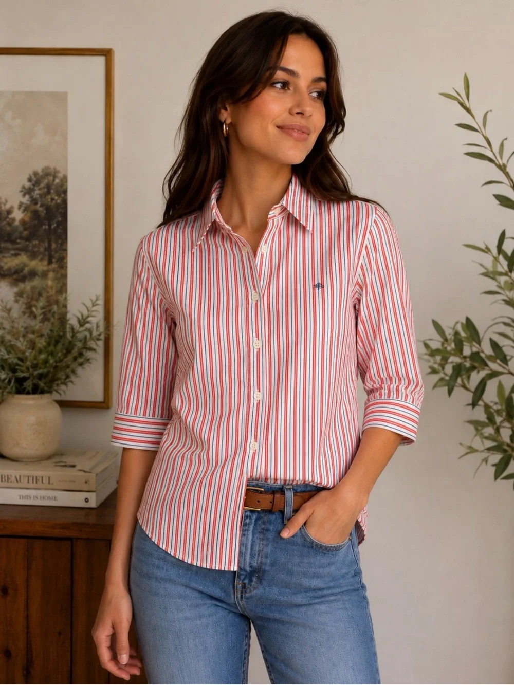 Ralph Lauren Classic Red & White Striped Button-Down Shirt - Wrinkle Free. M - Picture 1 of 8
